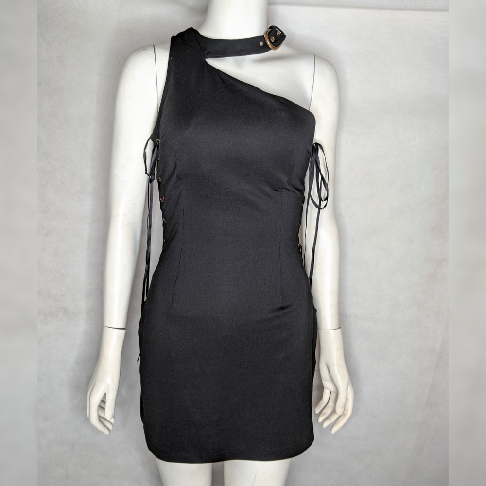 Black Bodycon Dress M Lace Up Sides One Shoulder